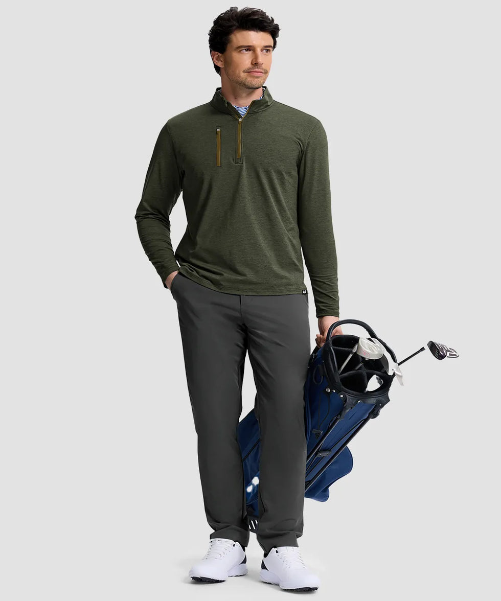 men's quarter zip golf pullover with chest pocket in heather olive - matching outfits view