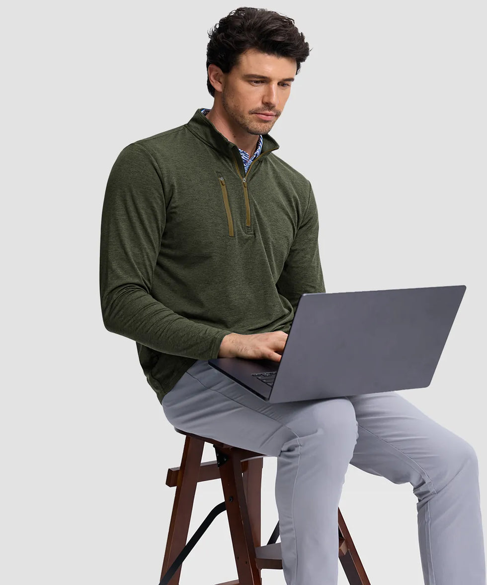 men's quarter-zip golf pullover with chest pocket in heather olive - side view