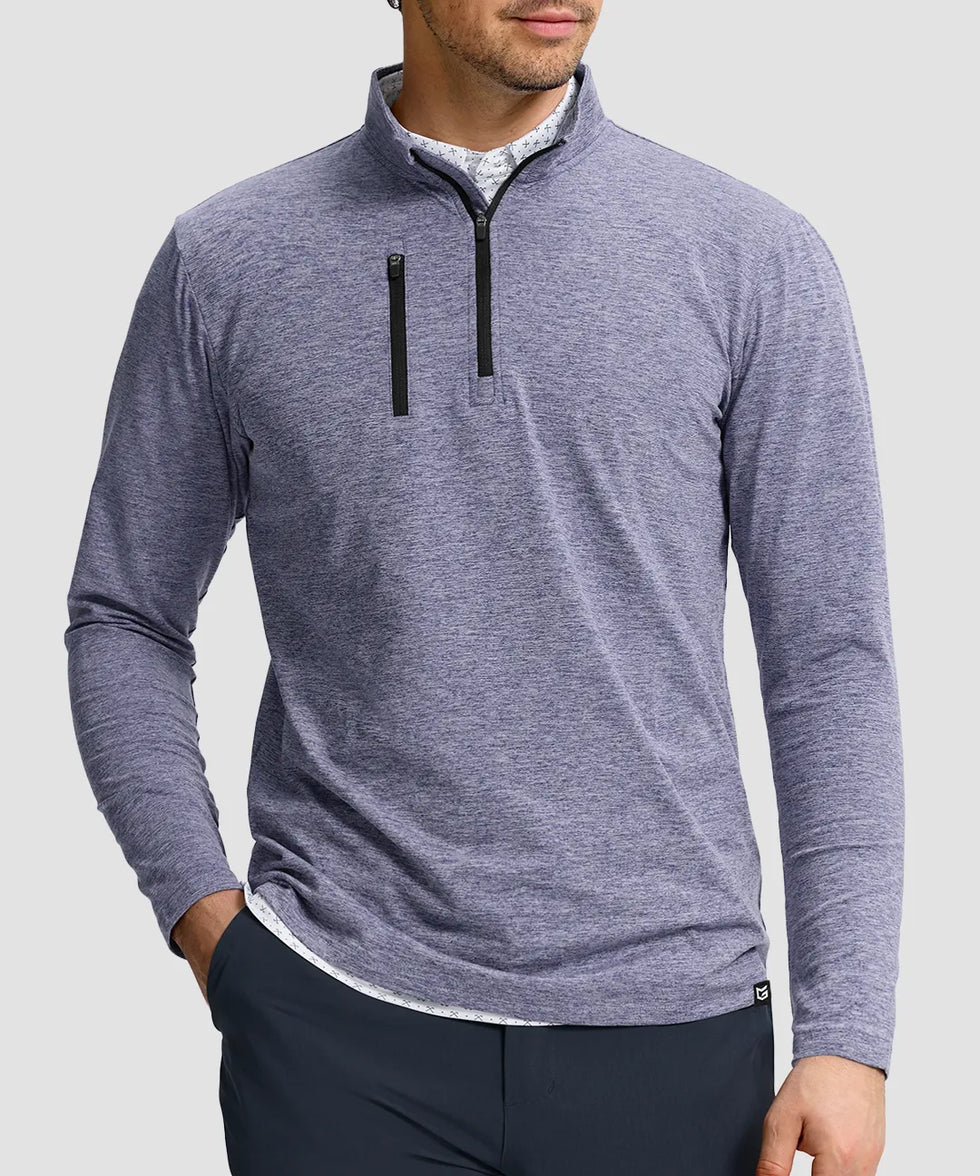 men's quarter zip golf pullover with chest pocket in heather purple gray - chest pocket detail