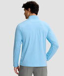 men's quarter zip golf pullover with chest pocket in heather sky blue - back view
