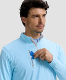 men's quarter zip golf pullover with chest pocket in heather sky blue - chest pocket detail