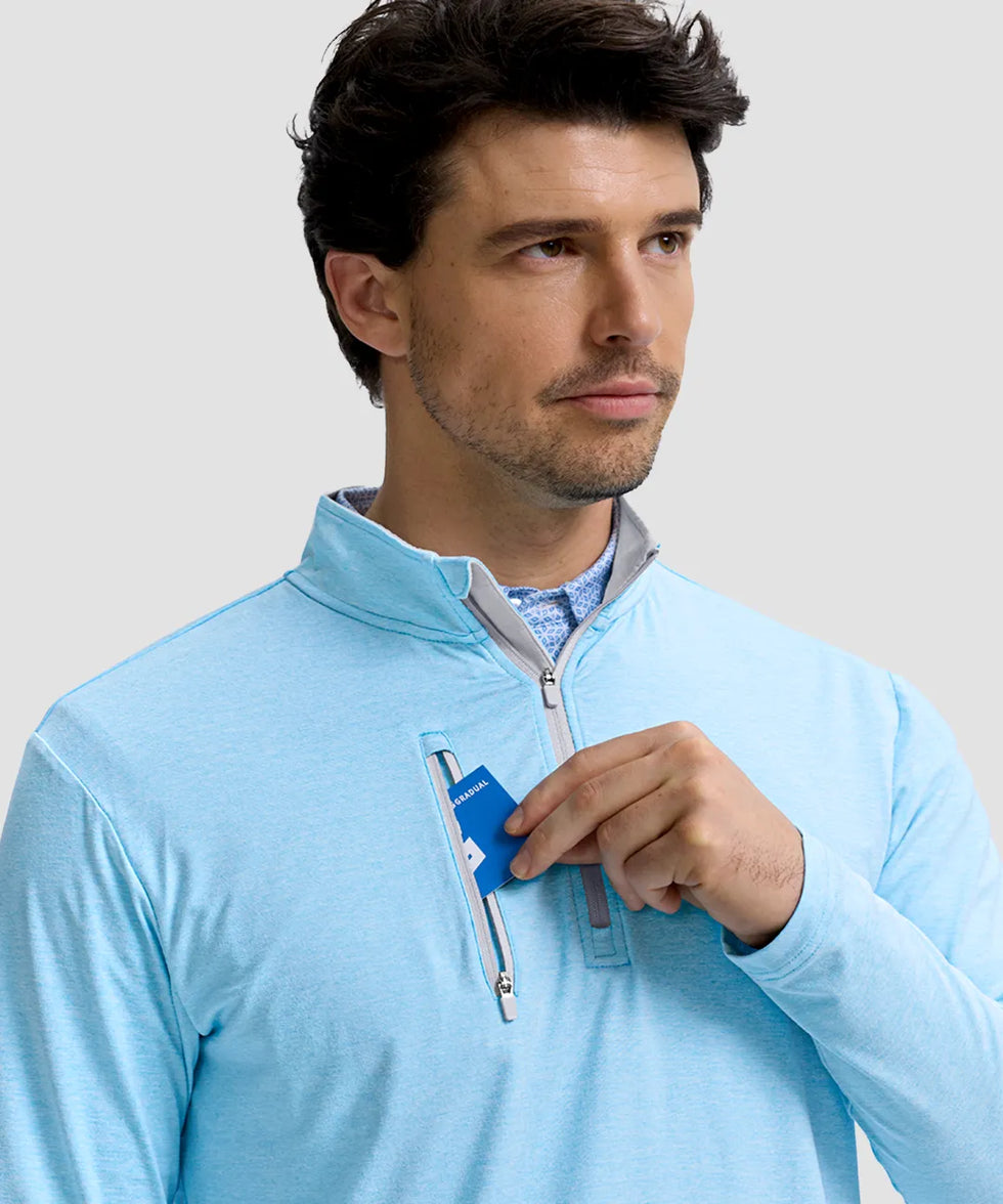 men's quarter zip golf pullover with chest pocket in heather sky blue - chest pocket detail