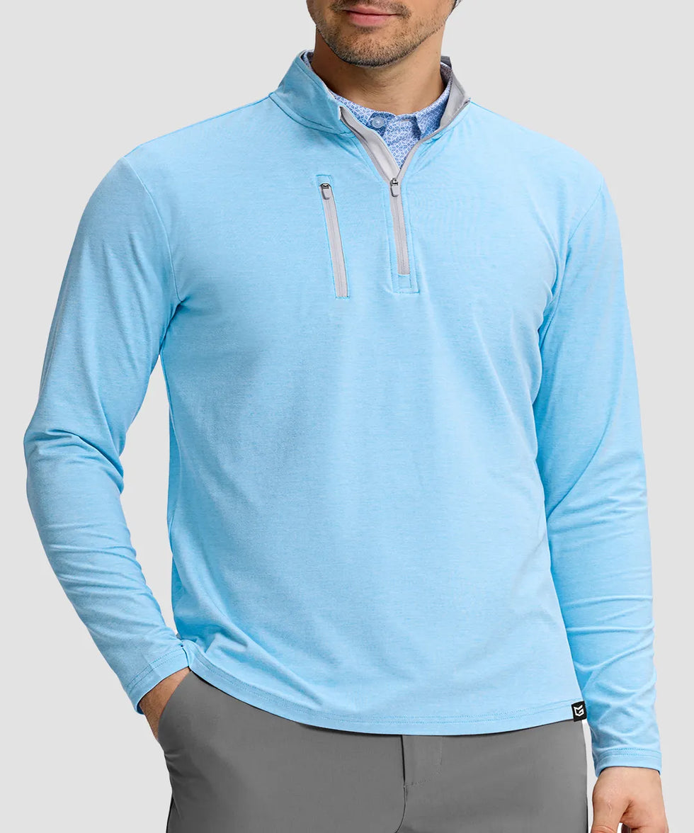 men's quarter zip golf pullover with chest pocket in heather sky blue - front view