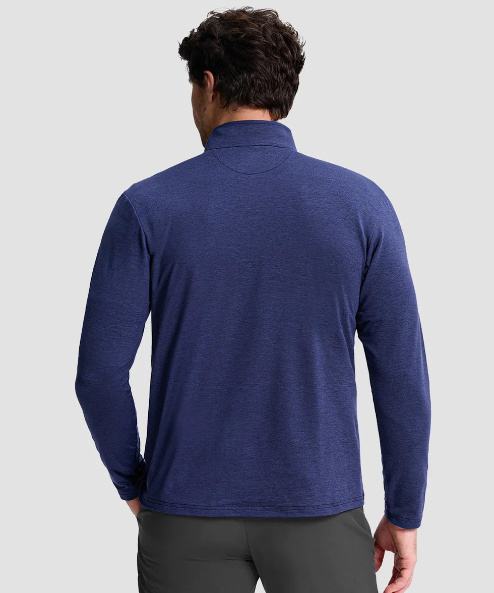men's quarter zip golf pullover with chest pocket in heathered academy blue - back view