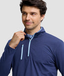 men's quarter zip golf pullover with chest pocket in heathered academy blue - collar detail