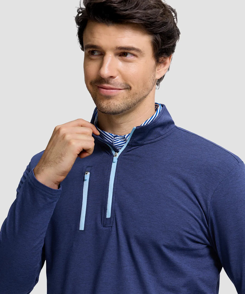 men's quarter zip golf pullover with chest pocket in heathered academy blue - collar detail