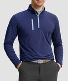 men's quarter zip golf pullover with chest pocket in heathered academy blue - front view