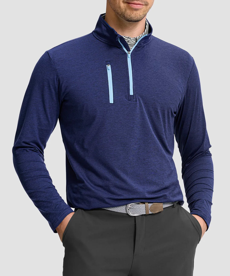 men's quarter zip golf pullover with chest pocket in heathered academy blue - front view