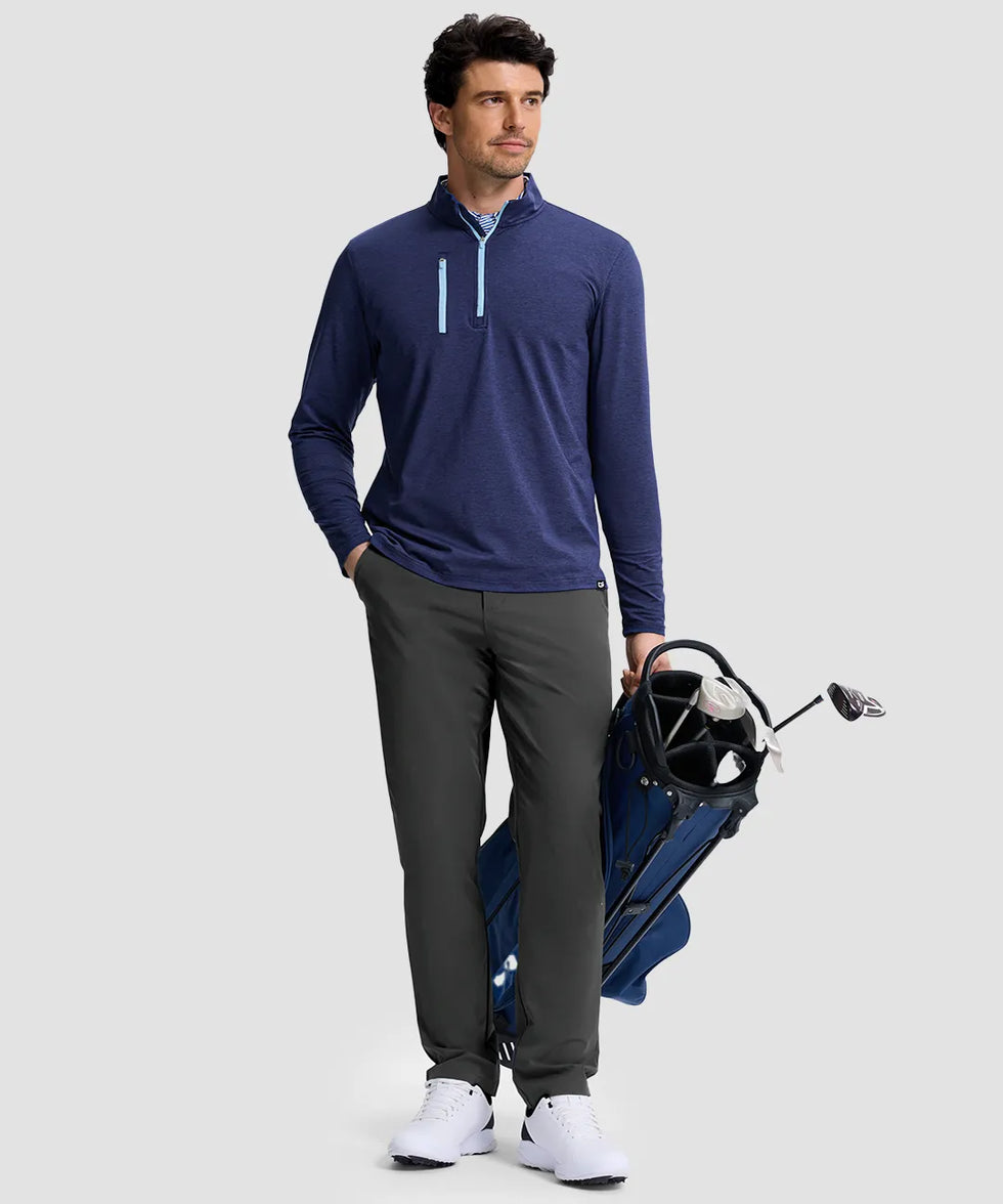 men's quarter zip golf pullover with chest pocket in heathered academy blue - matching outfits view