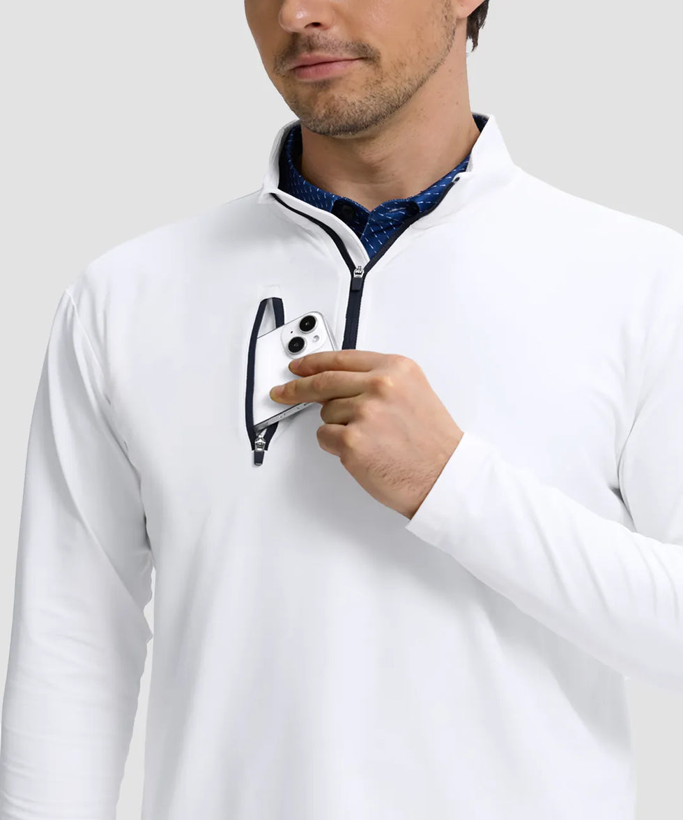 men's quarter zip golf pullover with chest pocket in white - chest pocket detail
