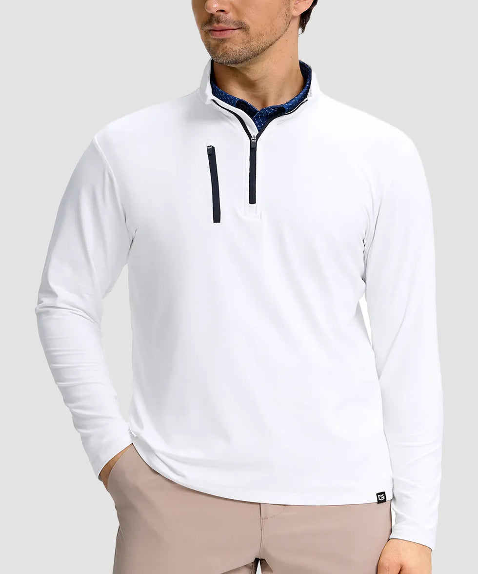 men's quarter zip golf pullover with chest pocket in white - collar detail