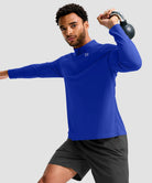 men's quarter zip performance pullover in blue - side view