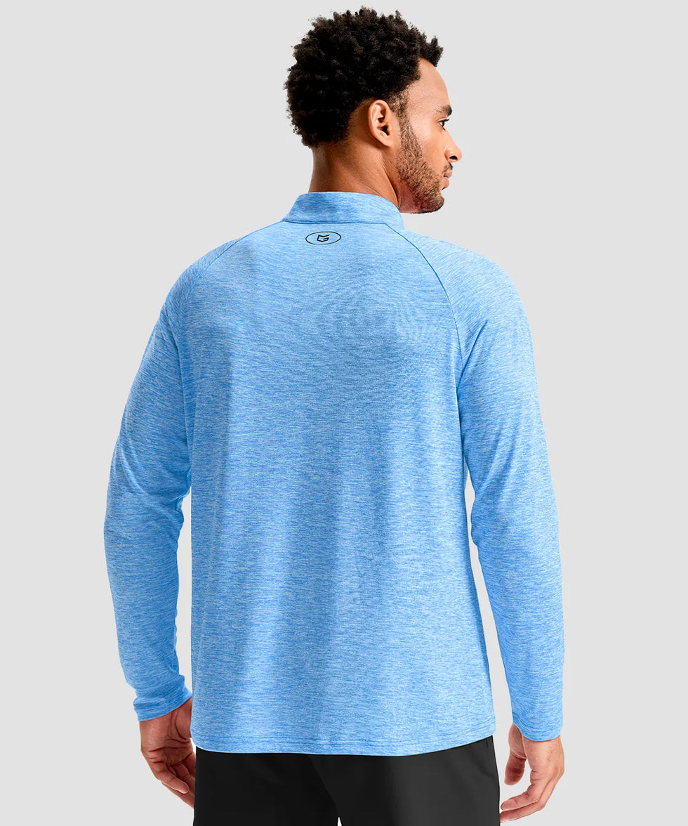 men's quarter zip performance pullover in heather blue - back view
