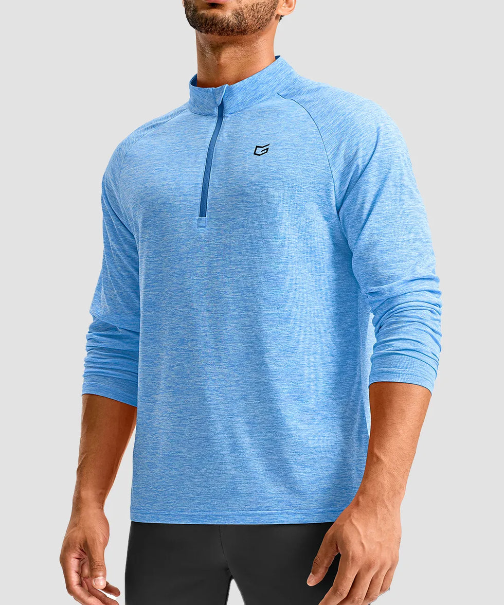 men's quarter zip performance pullover in heather blue - front view