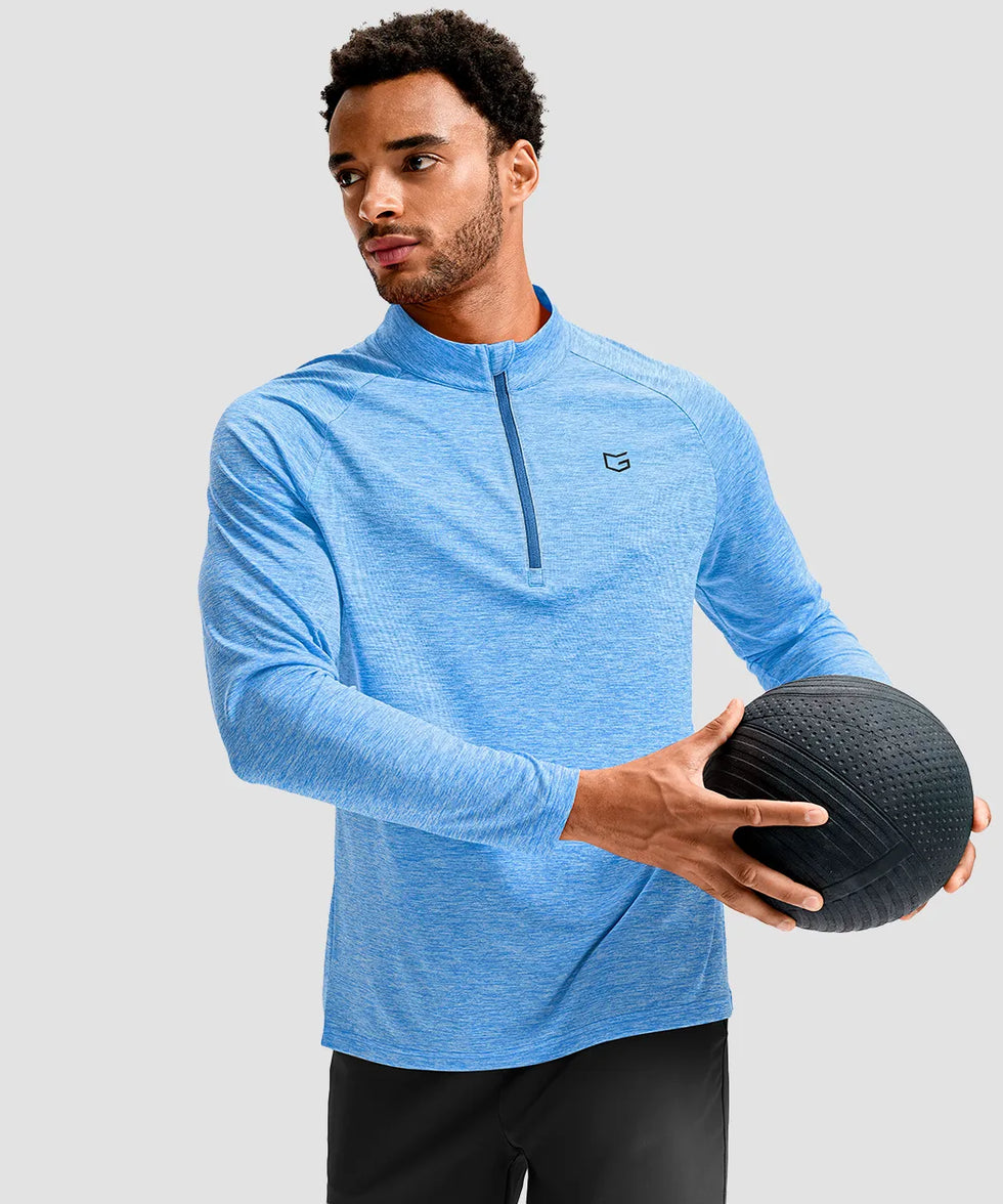 men's quarter zip performance pullover in heather blue - side view