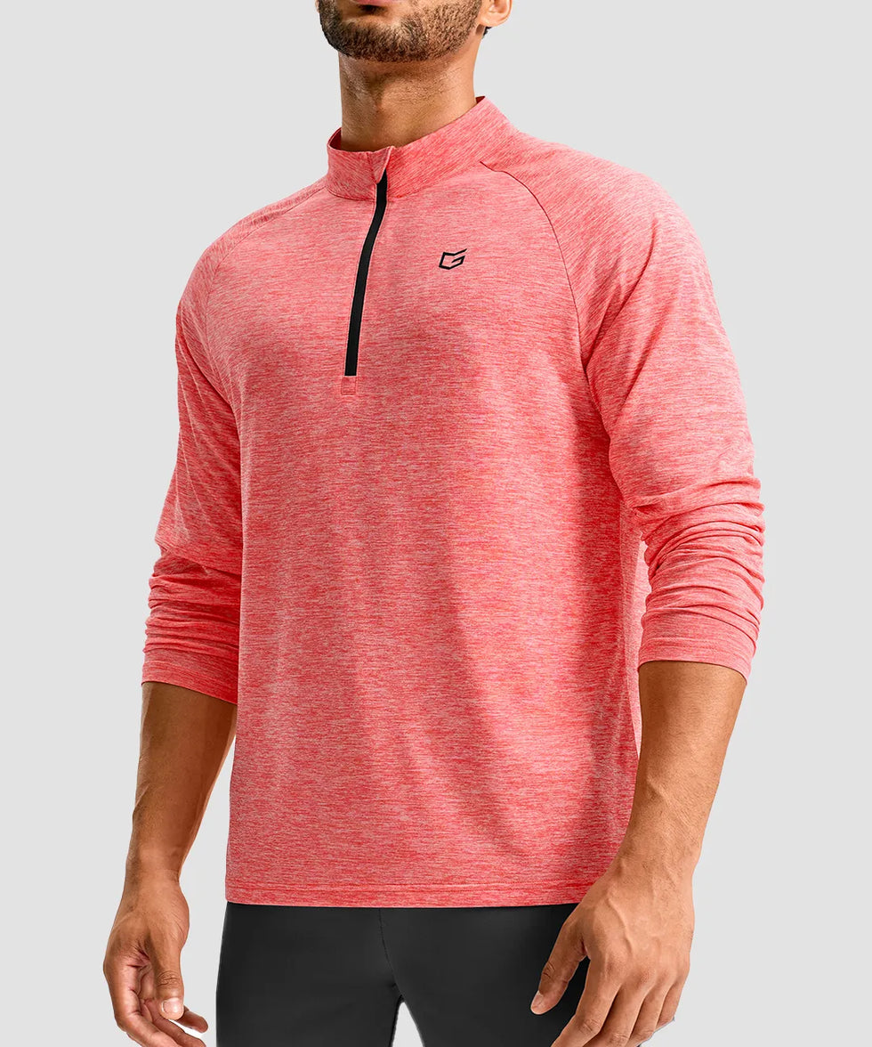 men's quarter zip performance pullover in heather brick red - front view