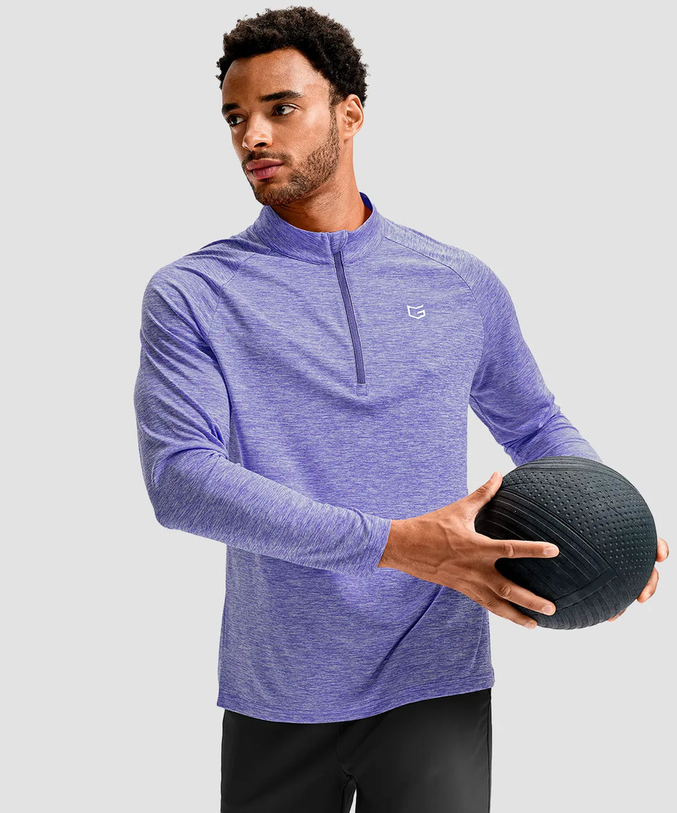 men's quarter zip performance pullover in heather purple - side view