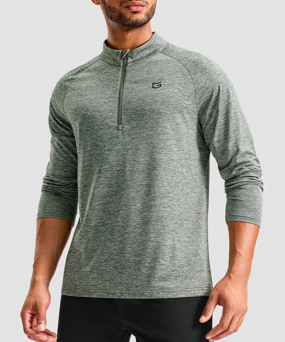 men's quarter zip performance pullover in heather sage green - front view