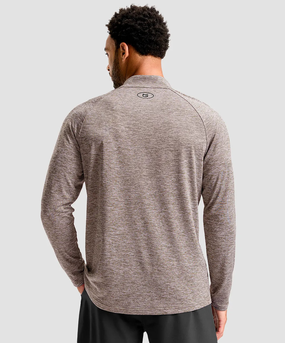 men's quarter zip performance pullover in heather tea brown - back view
