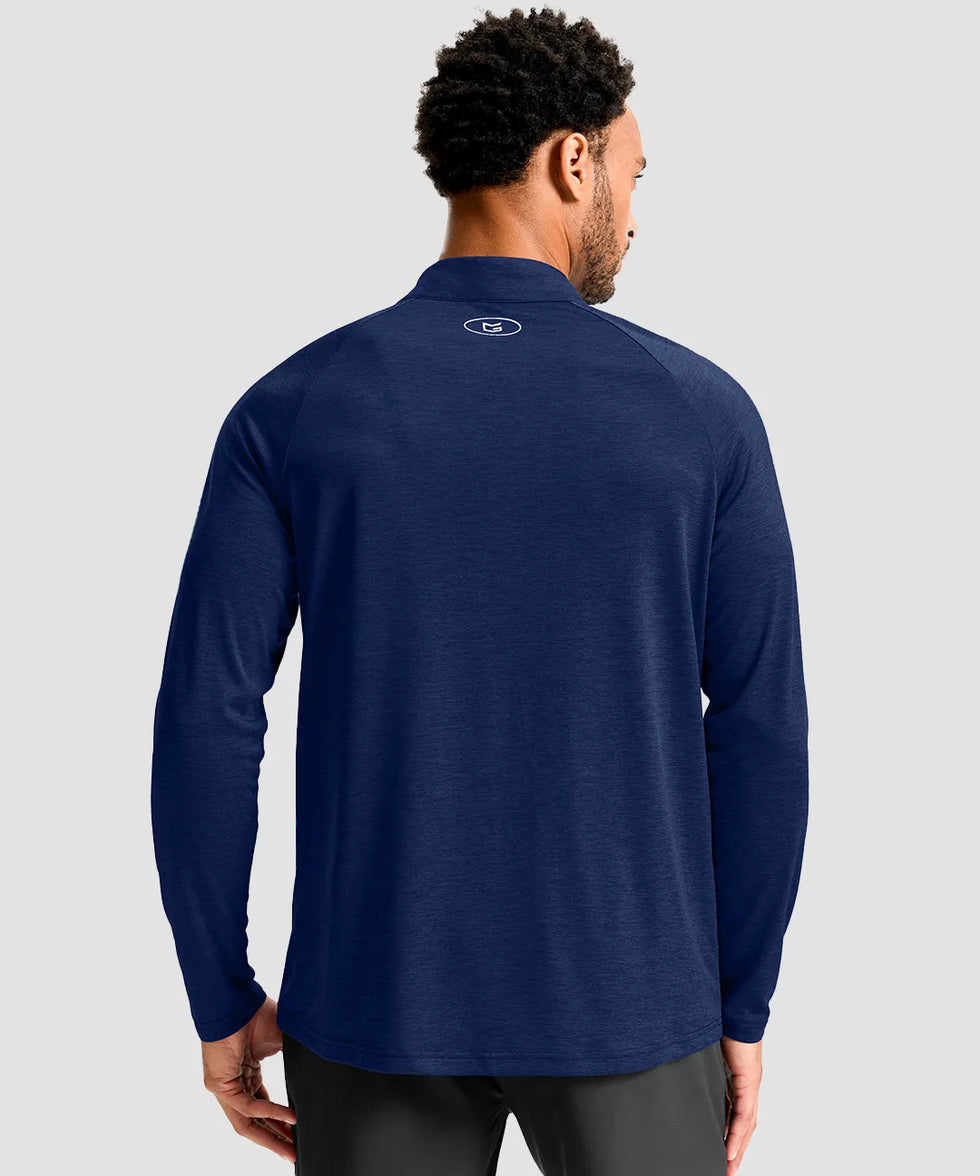 men's quarter zip performance pullover in heathered academy blue - back view