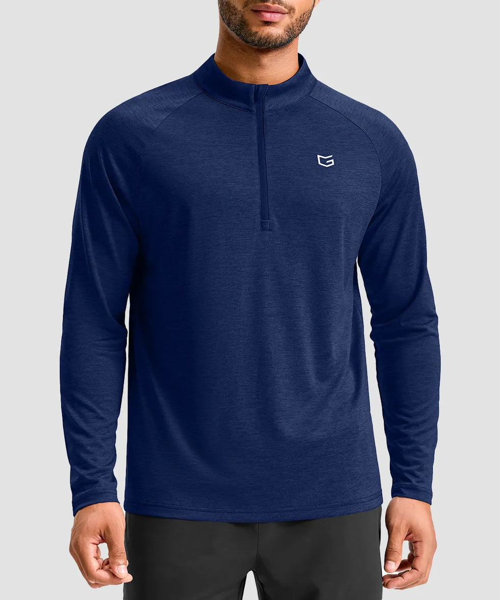 men's quarter zip performance pullover in heathered academy blue - front view