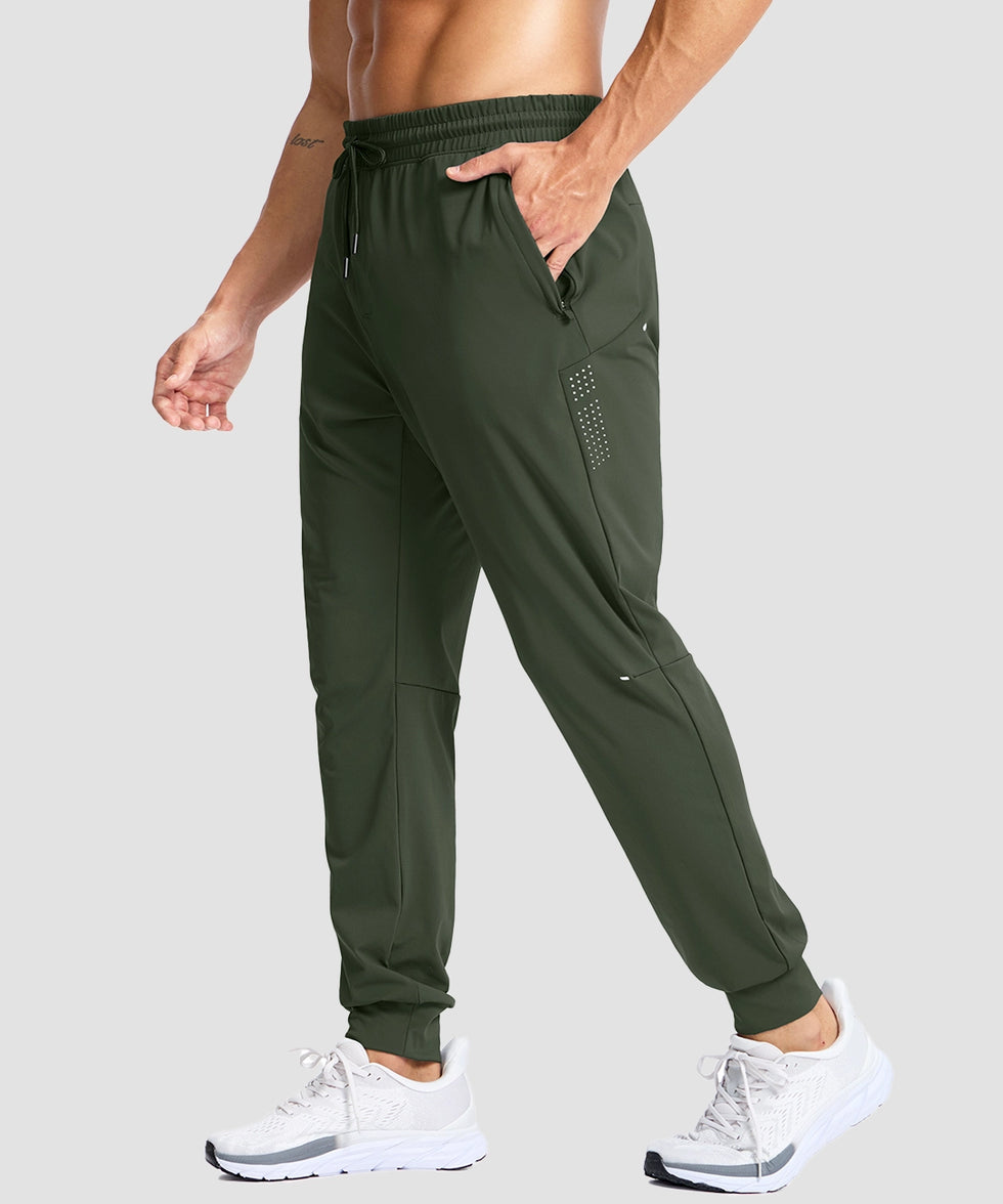 men's reflective zip pockets joggers in olive green - side view
