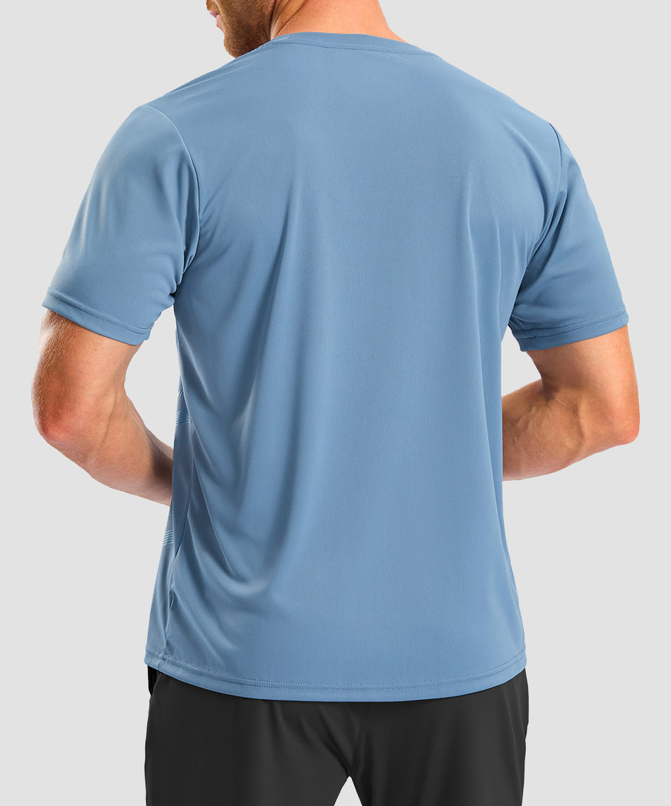 men's rubber strips short sleeve in slate blue - back view