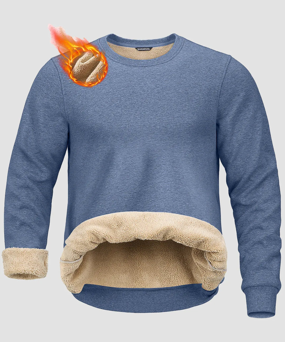 men's sherpa lined pullover sweatshirt in heather haze blue - fabric detail view