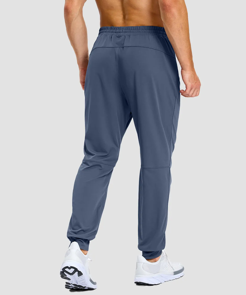 men's static-free stretch athletic joggers in dusty blue - back view