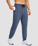 men's static-free stretch athletic joggers in dusty blue - zipper pocket detail view