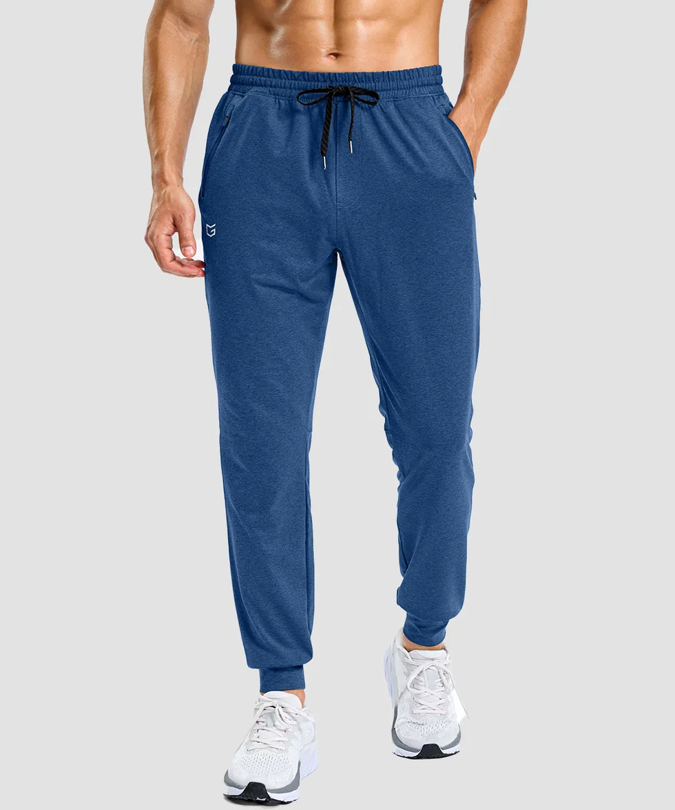 men's static-free stretch athletic joggers in heather dark blue - front view