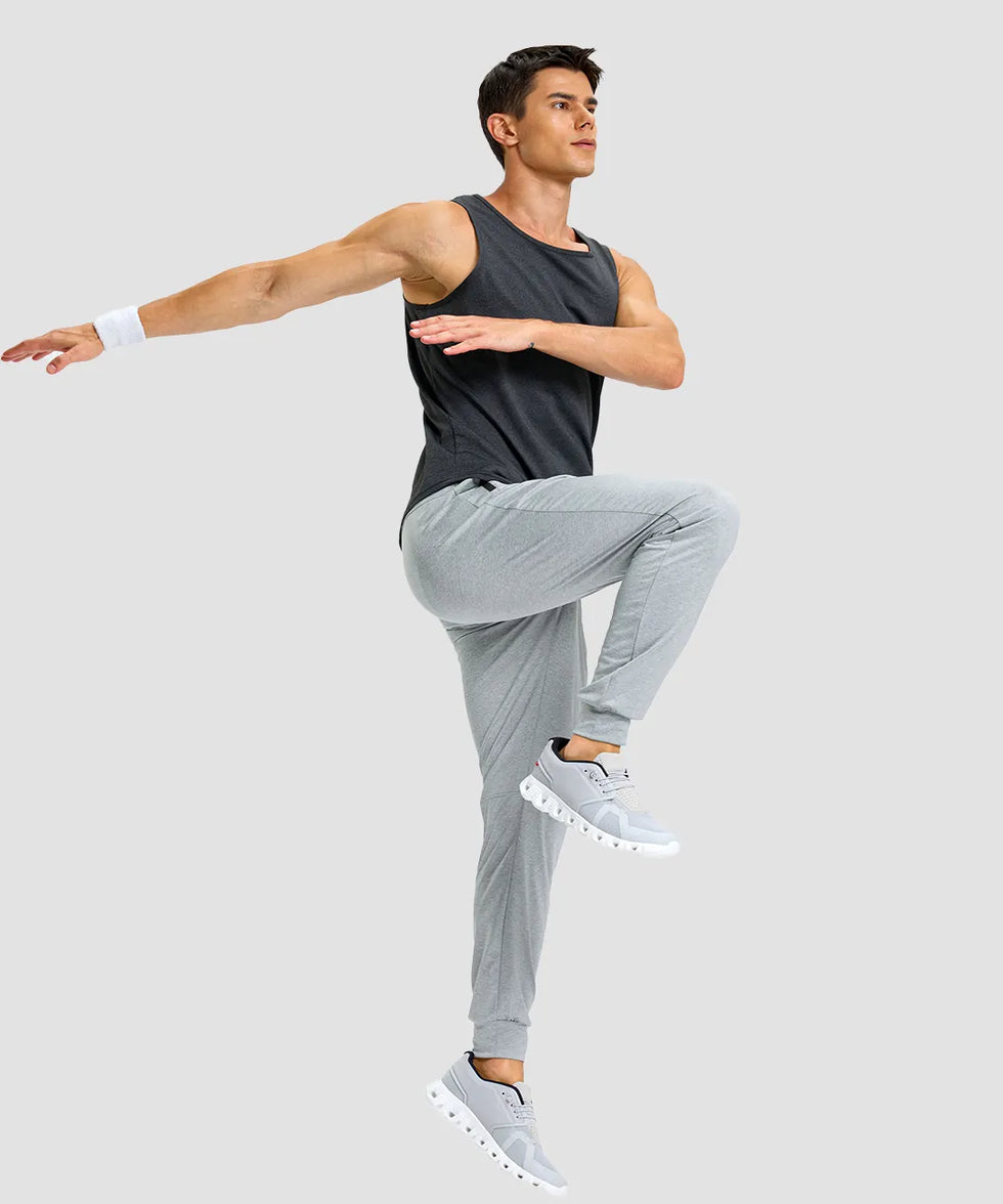 men's static-free stretch athletic joggers in heather light gray - side view