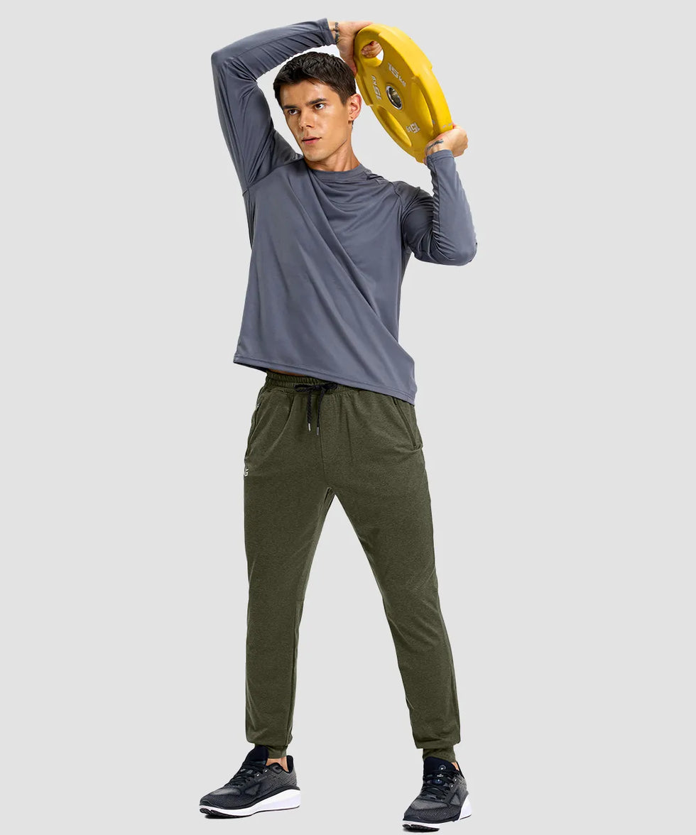 men's static-free stretch athletic joggers in heather olive - front view
