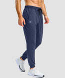 men's static-free stretch athletic joggers in heathered academy blue - zipper pocket detail view