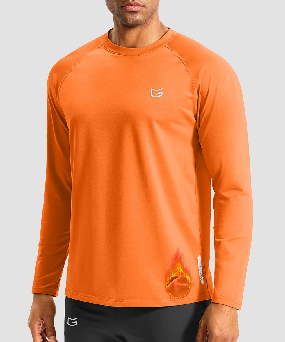 men's thermal base layer long sleeve in orange - front view