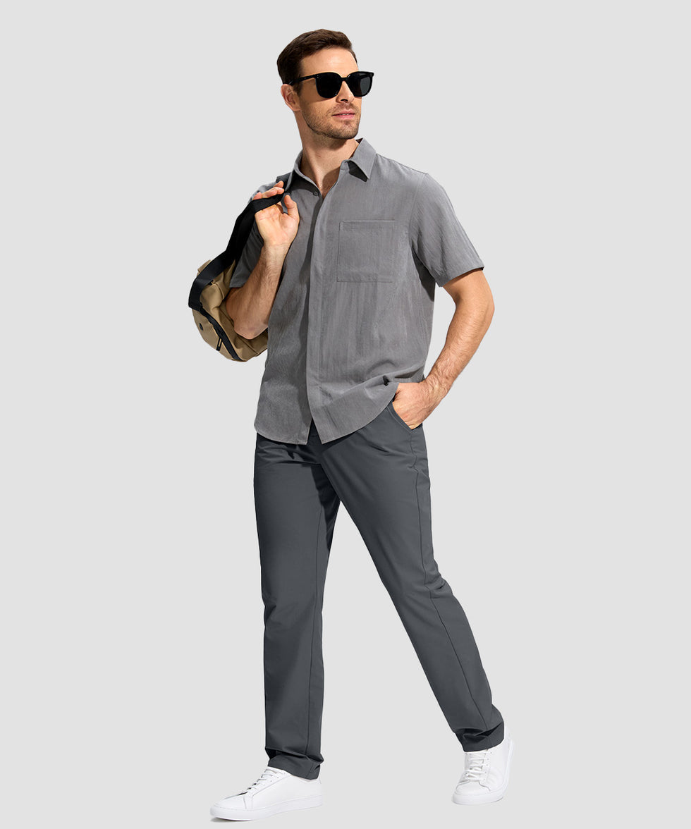 men's uv protection button-up golf pants in dark gray - front view