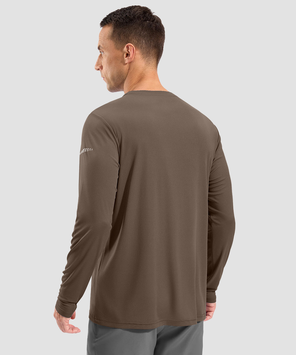 men's uv protection grid-textured long sleeve in coffee - back view