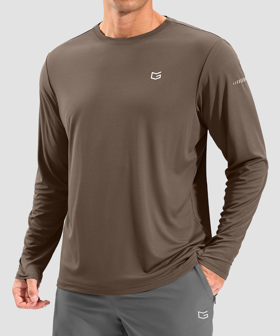 men's uv protection grid-textured long sleeve in coffee - fabric detail