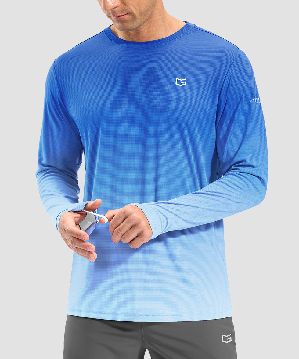 men's uv protection grid-textured long sleeve in gradient blue white - sleeve detail