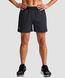 mid rise elastic waist slit short 5" in black - on model front view