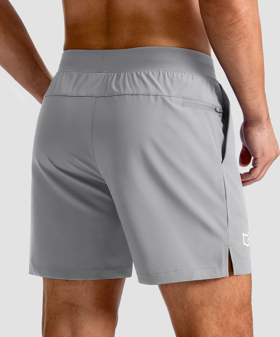 mid rise elastic waist slit short 5" in bright gray - back view