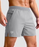 mid rise elastic waist slit short 5" in bright gray - front view