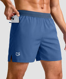 mid rise elastic waist slit short 5" in dusty blue - pocket detail view