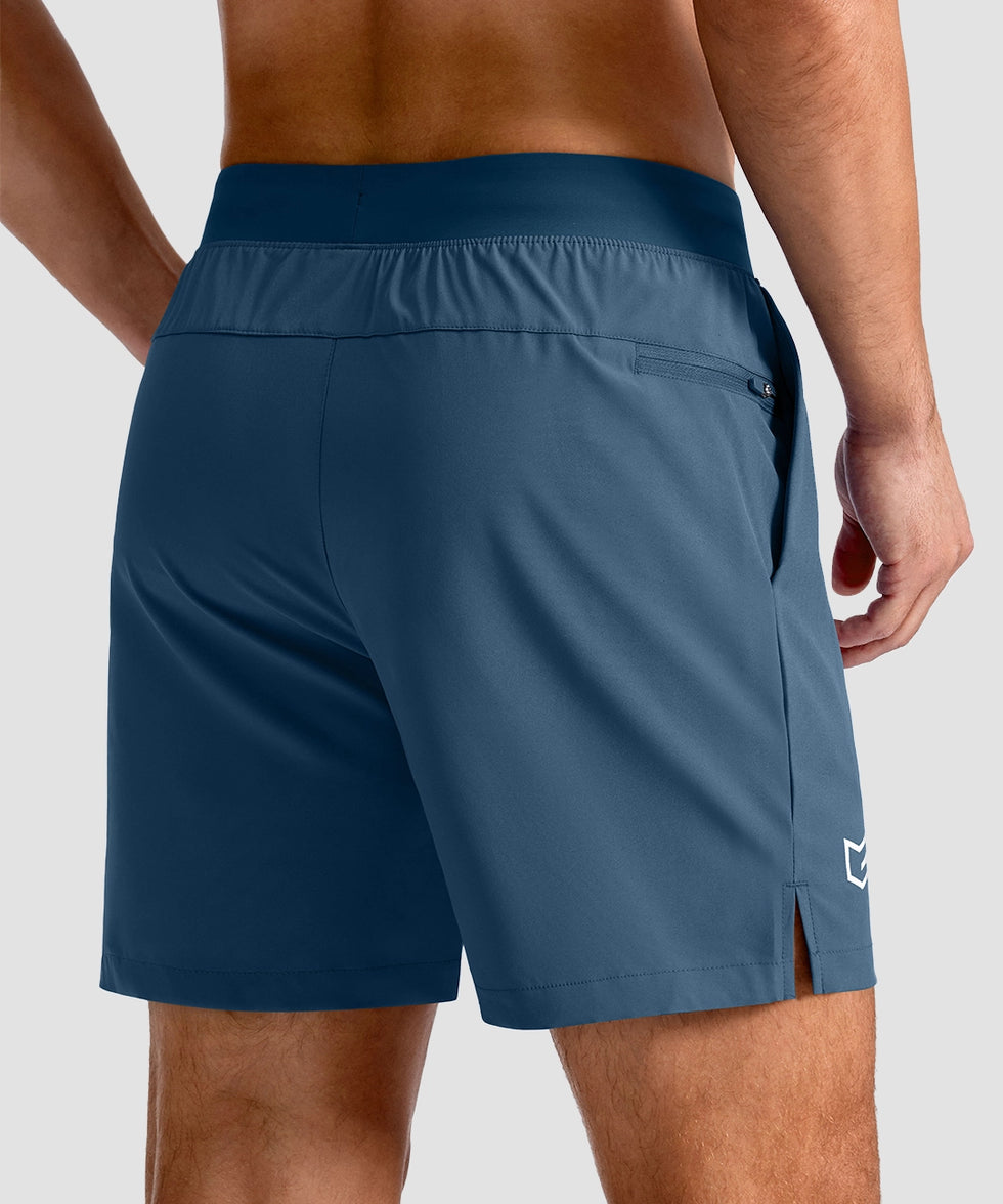 mid rise elastic waist slit short 5" in gray blue - back view