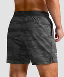 mid rise elastic waist slit short 5" in gray camo - back view