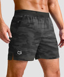 mid rise elastic waist slit short 5" in gray camo - front view