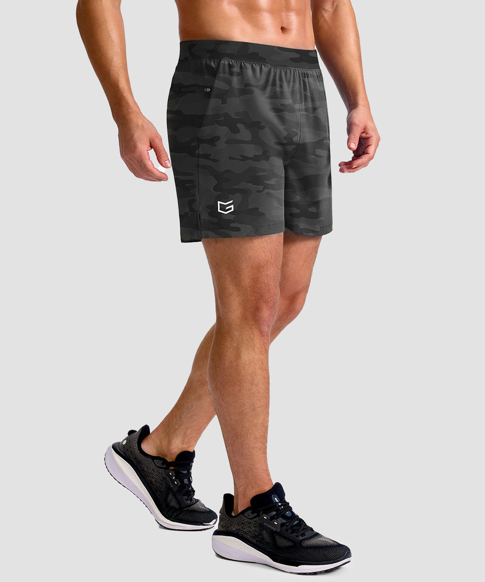 mid rise elastic waist slit short 5" in gray camo - on model side view