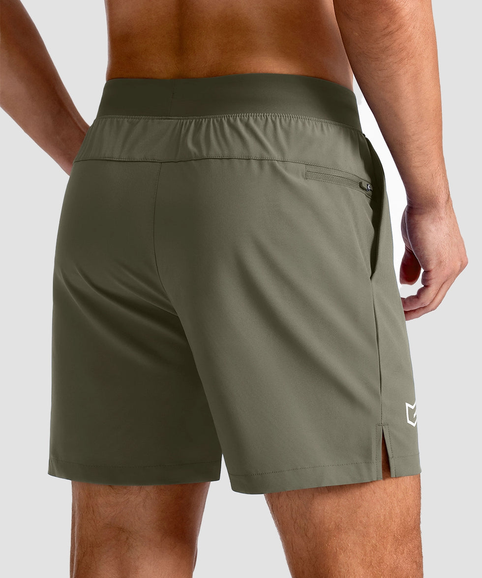 mid rise elastic waist slit short 5" in gray sage - back view