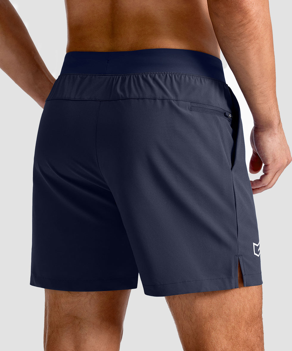 mid rise elastic waist slit short 5" in navy - back view
