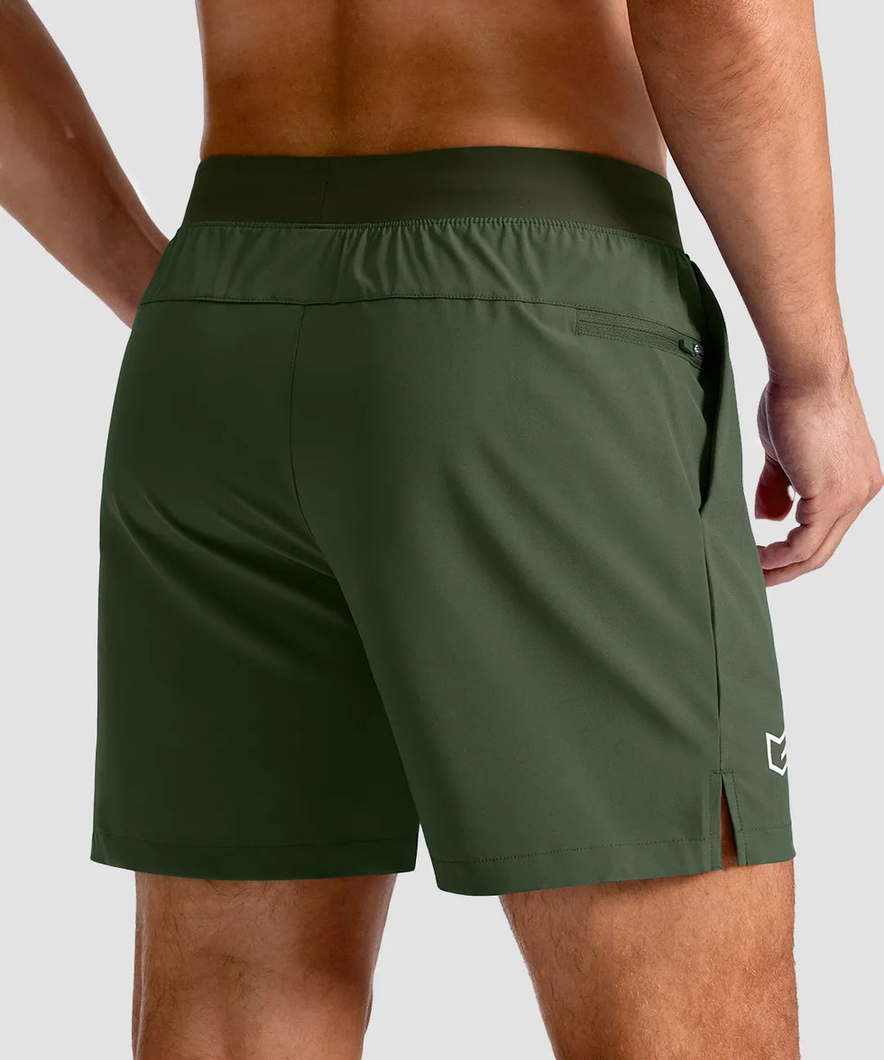 mid rise elastic waist slit short 5" in olive green - back view